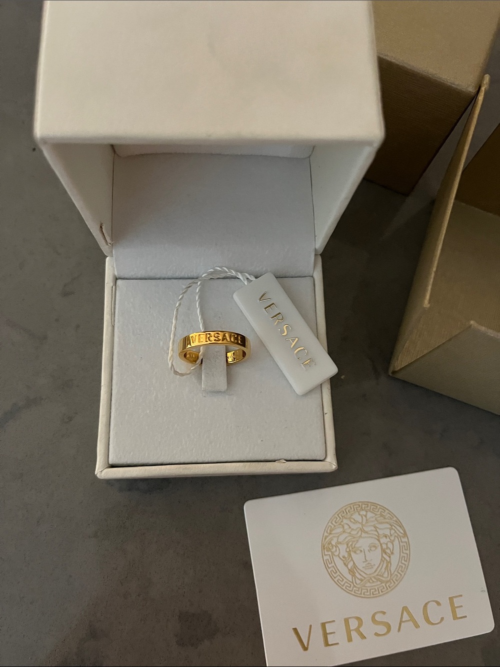 Versace Gold Tone Medusa Engraved Band Ring size 9 1/4